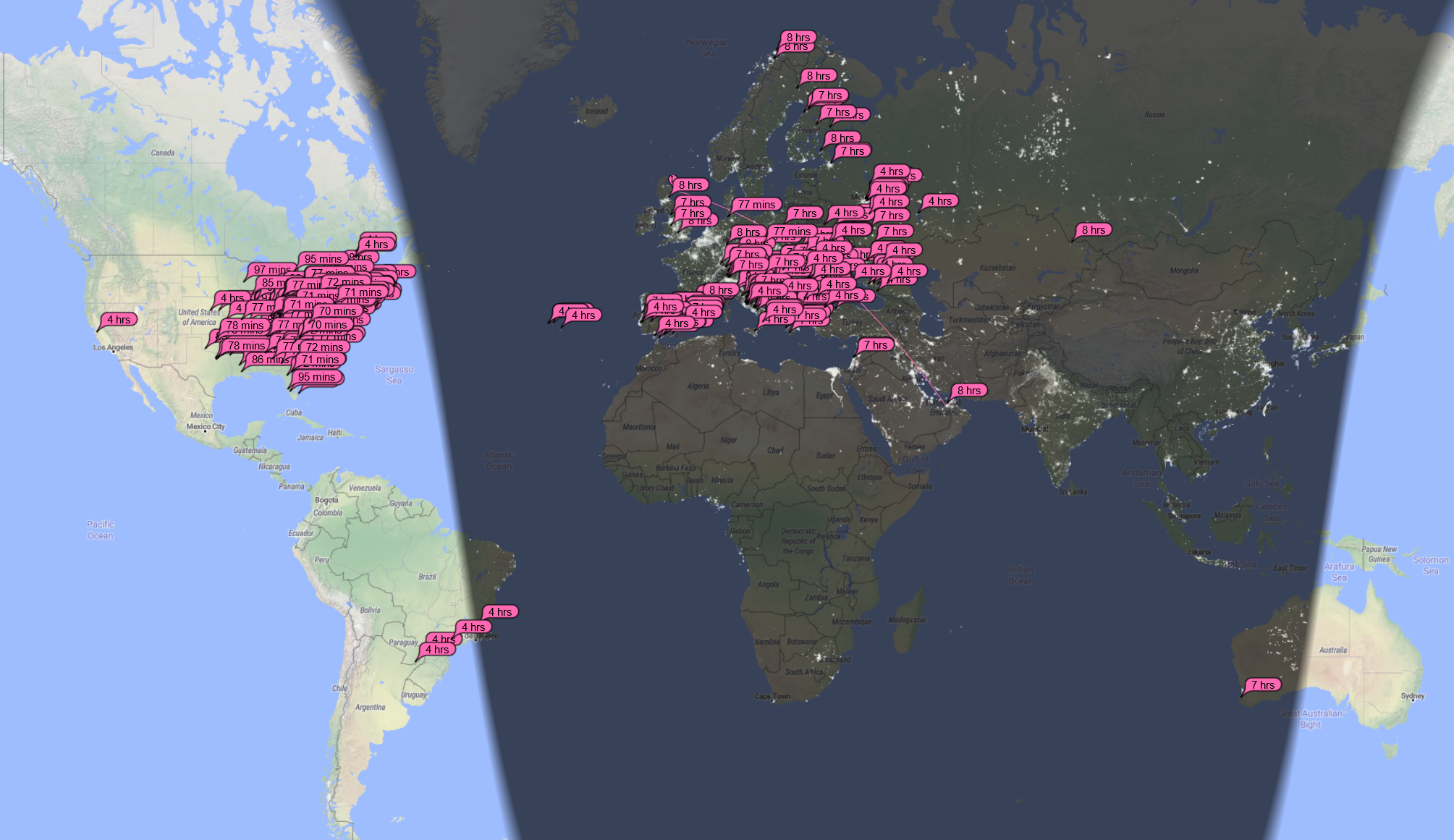 Map of the world showing radio stations listening on 10m band who have heard GM5ALX over past day